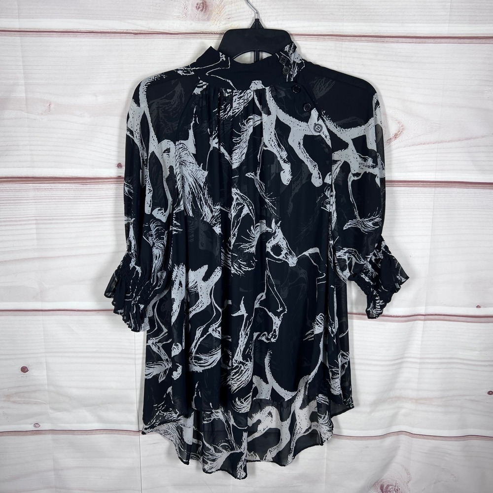 Adam Lippes Blouse Womens 0 Black Horse Print Mock Neck Sheer Ruffle Top Flowy